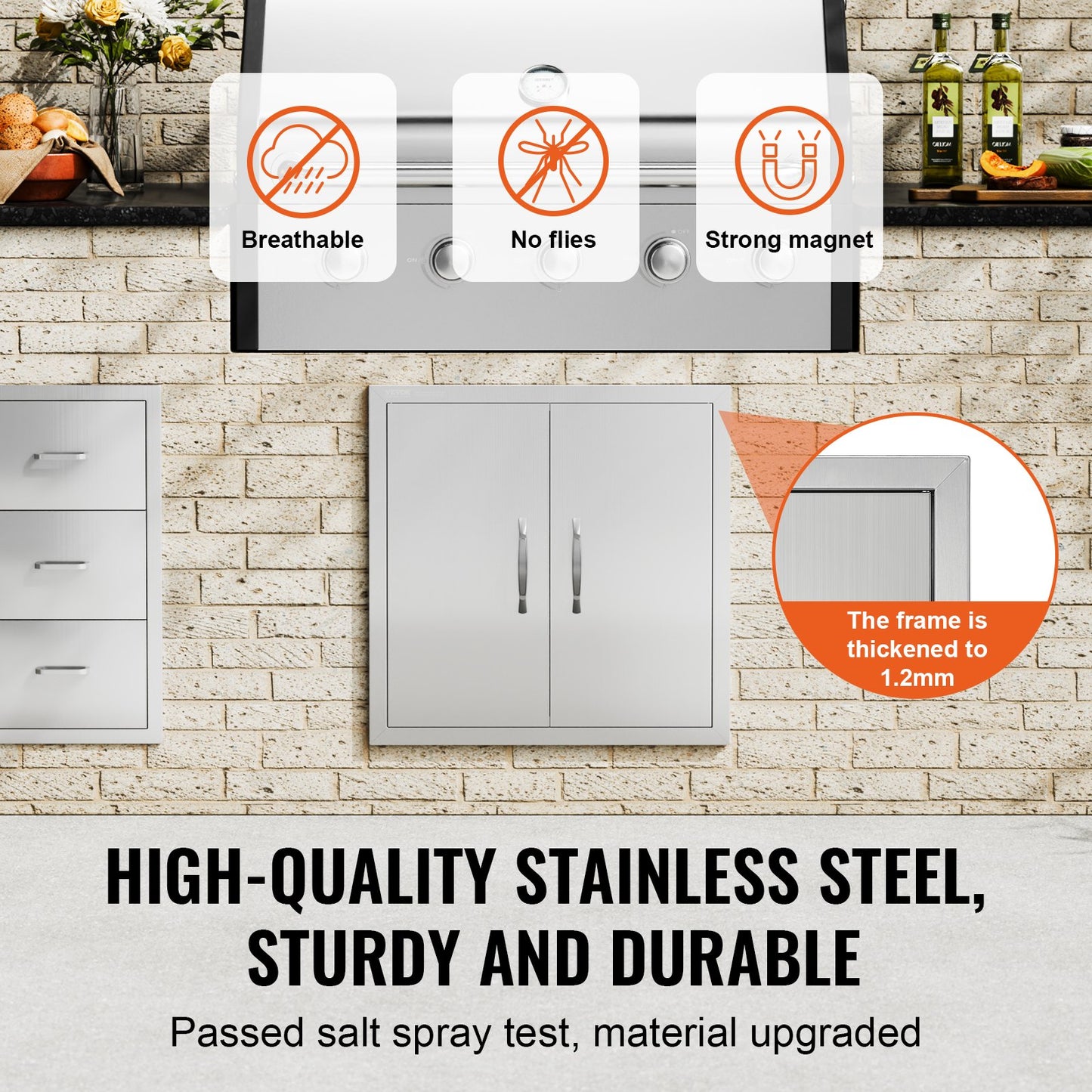 BBQ Access Door, 24W x 24H Inch Double Outdoor Kitchen Door, Stainless Steel Flush Mount Door, Double Wall Vertical Door with Handles and Hooks, for BBQ Island, Grilling Station, Outside Cabinet