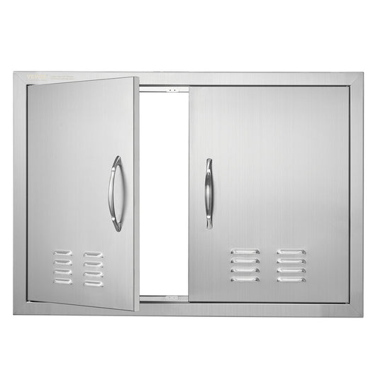 BBQ Access Door, 762x533mm Double Outdoor Kitchen Door, Stainless Steel Recessed Door, Vertical Wall Door with Handles and Vents, for BBQ Island, Grill Station, Outdoor Cabinet
