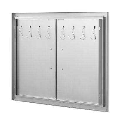 BBQ-åtkomstdörr, 787x609 mm dubbel utomhusköksdörr, infälld dörr i rostfritt stål, dubbelvägg vertikal dörr med handtag och krokar, för BBQ Island, grillstation, ytterskåp