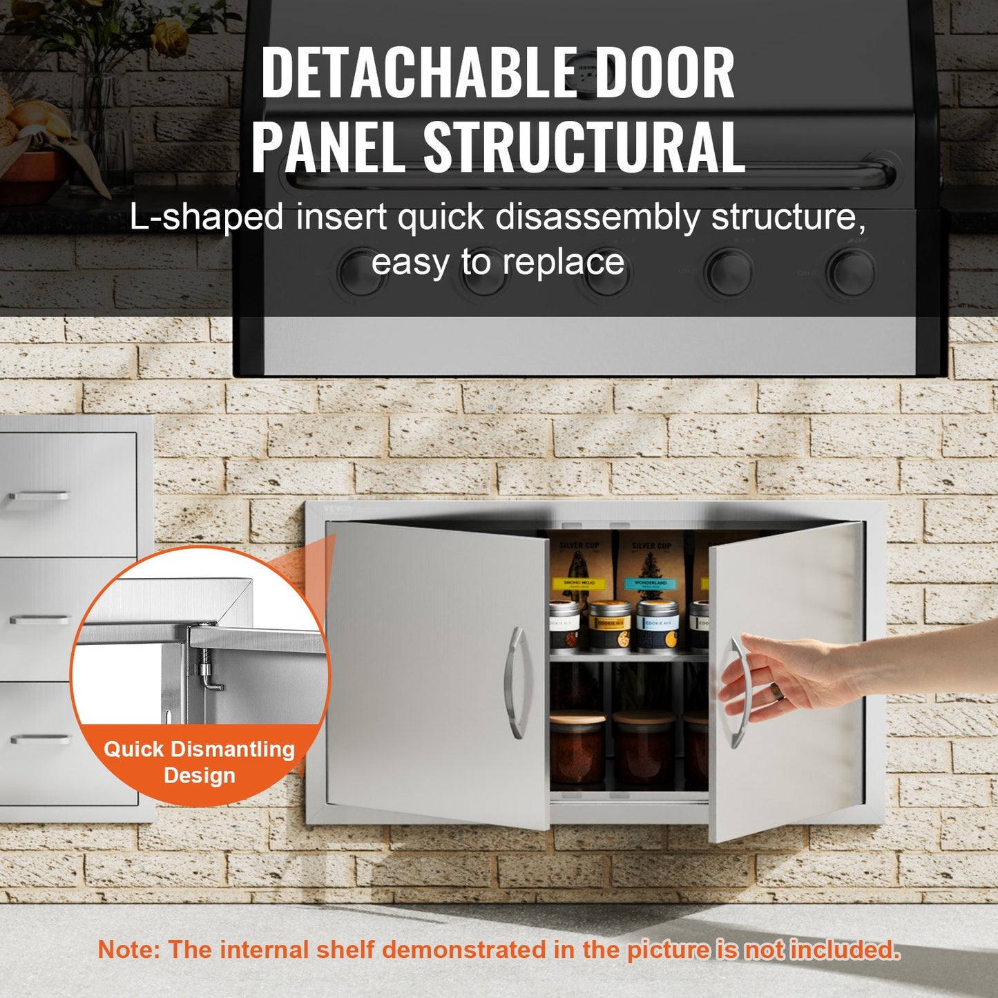 BBQ access door, 863x482 mm double outdoor kitchen door, stainless steel recessed door, vertical wall door with handle, for BBQ Island, grill station, outdoor cabinet