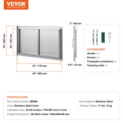 BBQ Access Door, 34W x 19H Inch Double Outdoor Kitchen Door, Stainless Steel Flush Mount Door, Wall Vertical Door with Handles, for BBQ Island, Grilling Station, Outside Cabinet