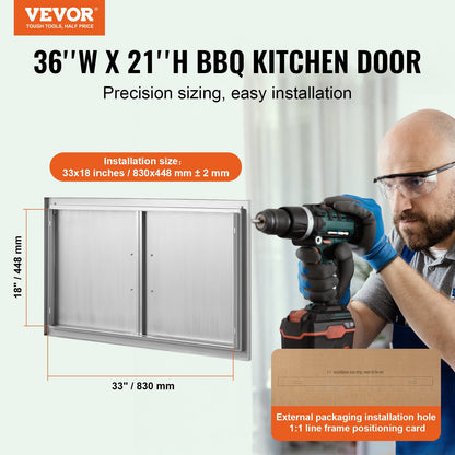 BBQ access door, 915x533 mm double outdoor kitchen door, stainless steel recessed door, vertical wall door with handle, for BBQ Island, grill station, outdoor cabinet