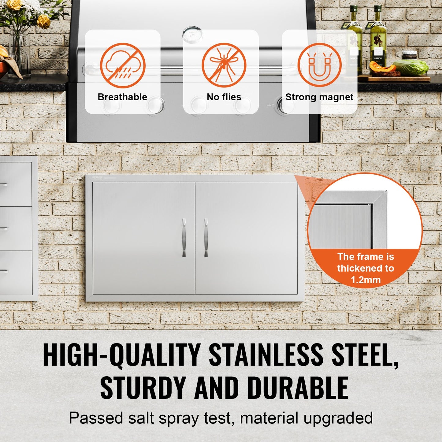 BBQ access door, 915x533 mm double outdoor kitchen door, stainless steel recessed door, vertical wall door with handle, for BBQ Island, grill station, outdoor cabinet