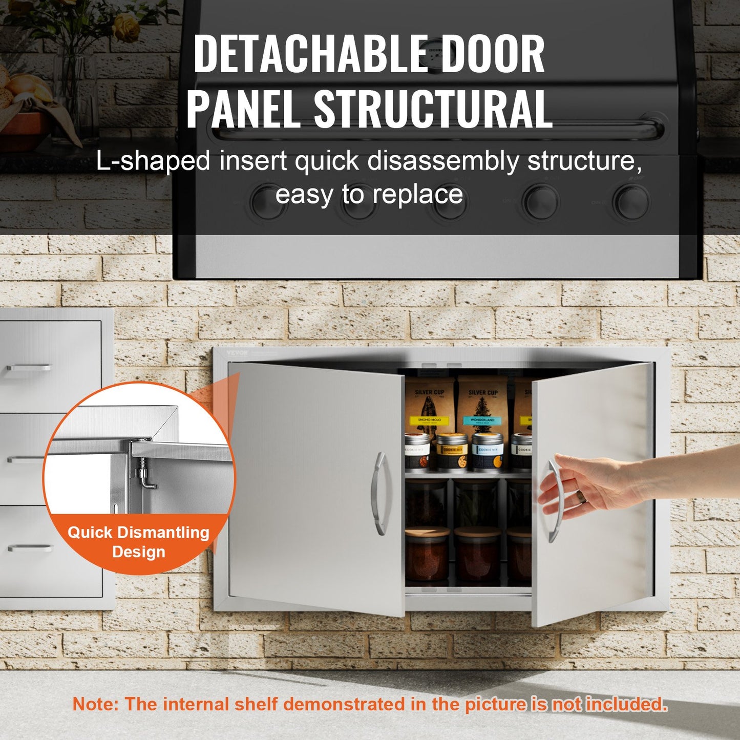 BBQ access door, 915x533 mm double outdoor kitchen door, stainless steel recessed door, vertical wall door with handle, for BBQ Island, grill station, outdoor cabinet