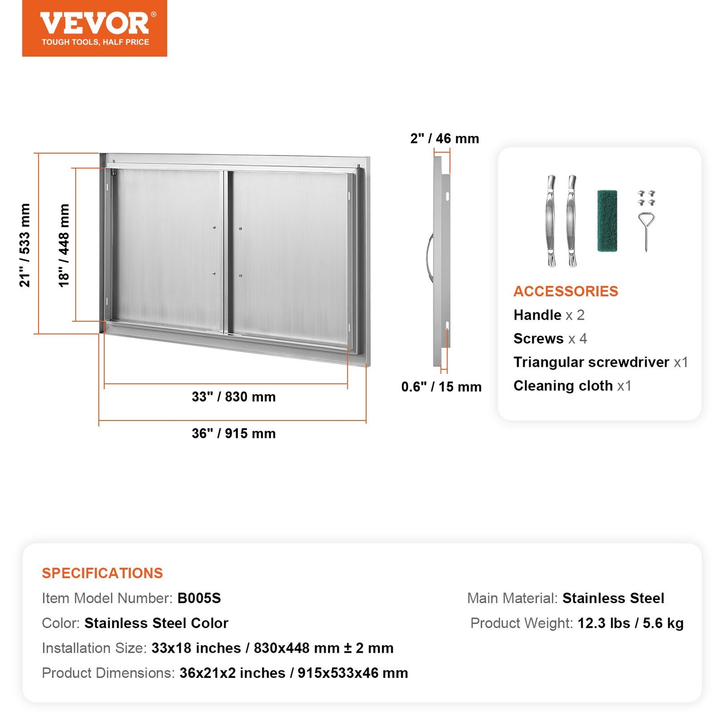 BBQ Access Door, 36W x 21H Inch Double Outdoor Kitchen Door, Stainless Steel Flush Mount Door, Wall Vertical Door with Handles, for BBQ Island, Grilling Station, Outside Cabinet