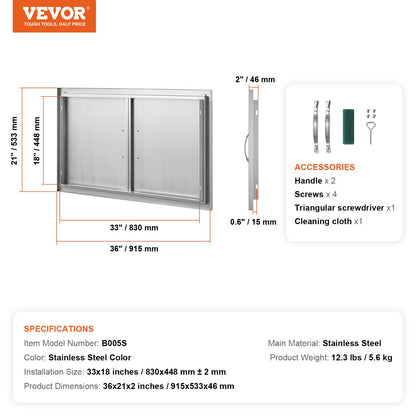 BBQ Access Door, 36W x 21H Inch Double Outdoor Kitchen Door, Stainless Steel Flush Mount Door, Wall Vertical Door with Handles, for BBQ Island, Grilling Station, Outside Cabinet