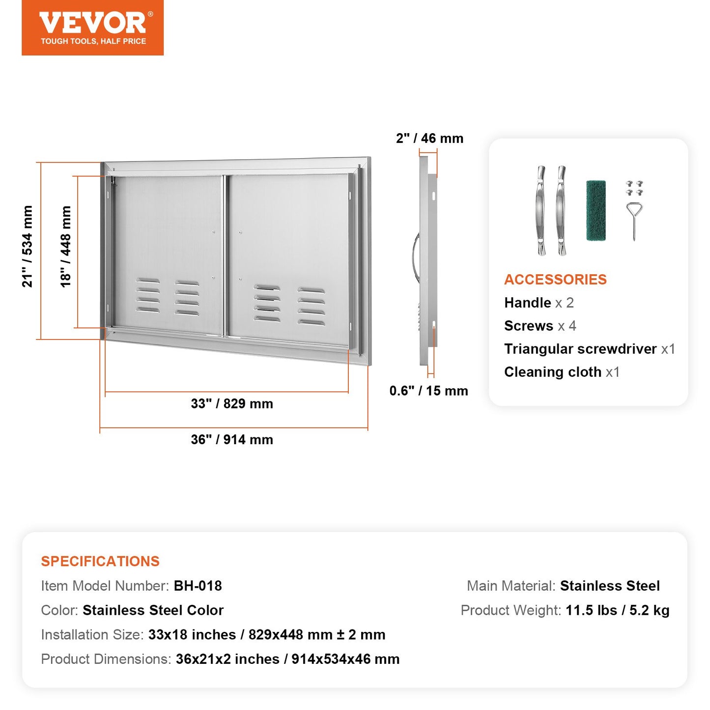 BBQ Access Door, 36W x 21H Inch Double Outdoor Kitchen Door, Stainless Steel Flush Mount Door, Wall Vertical Door with Handles and Vents, for BBQ Island, Grilling Station, Outside Cabinet