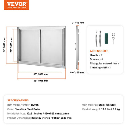 BBQ Access Door, 36W x 24H Inch Double Outdoor Kitchen Door, Stainless Steel Flush Mount Door, Wall Vertical Door with Handles, for BBQ Island, Grilling Station, Outside Cabinet