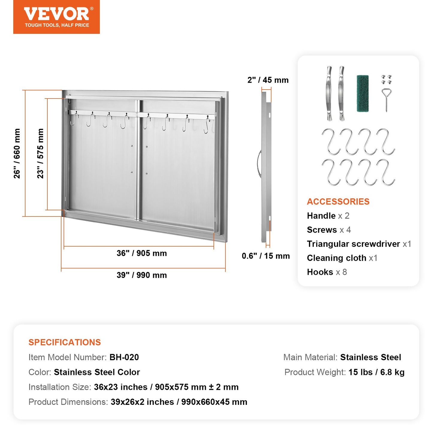 BBQ Access Door, 39W x 26H Inch Double Outdoor Kitchen Door, Stainless Steel Flush Mount Door, Wall Vertical Door with Handles and Hooks, for BBQ Island, Grilling Station, Outside Cabinet