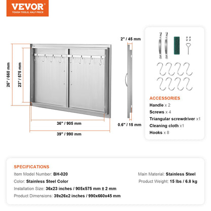 BBQ Access Door, 39W x 26H Inch Double Outdoor Kitchen Door, Stainless Steel Flush Mount Door, Wall Vertical Door with Handles and Hooks, for BBQ Island, Grilling Station, Outside Cabinet