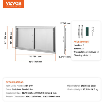 BBQ Access Door, 42W x 21H Inch Double Outdoor Kitchen Door, Stainless Steel Flush Mount Door, Wall Vertical Door with Handles, for BBQ Island, Grilling Station, Outside Cabinet