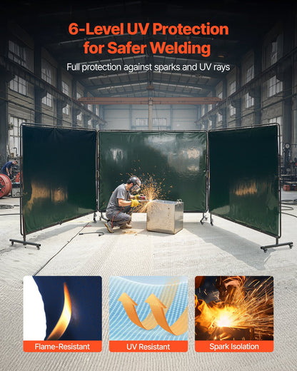 Welding Screen with Frame, 3-Panel 6 x 8 FT Welding Curtain Screen, Flame-Resistant Vinyl Safety Protection Screens with 12 Wheels & 6-Level UV Protection for Workshop/Industrial Use, Dark Green