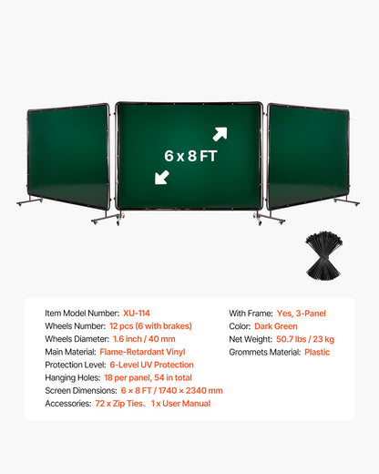 Welding Screen with Frame, 3-Panel 6 x 8 FT Welding Curtain Screen, Flame-Resistant Vinyl Safety Protection Screens with 12 Wheels & 6-Level UV Protection for Workshop/Industrial Use, Dark Green