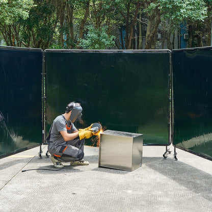 Welding Screen with Frame, 3-Panel 6 x 8 FT Welding Curtain Screen, Flame-Resistant Vinyl Safety Protection Screens with 12 Wheels & 6-Level UV Protection for Workshop/Industrial Use, Dark Green