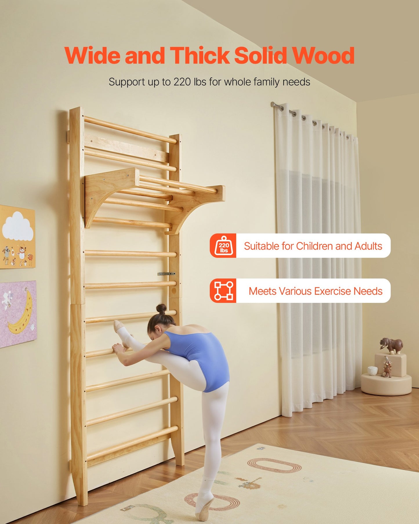 Swedish Ladder Wall Gym, 10-Level Solid Wood Indoor Jungle Gym, 220lbs Loading Indoor Playground Climbing Ladder for Kid Adults, Gymnastic Stall Bars with Pull-Up Bar - Ideal Gift for Boys Girls