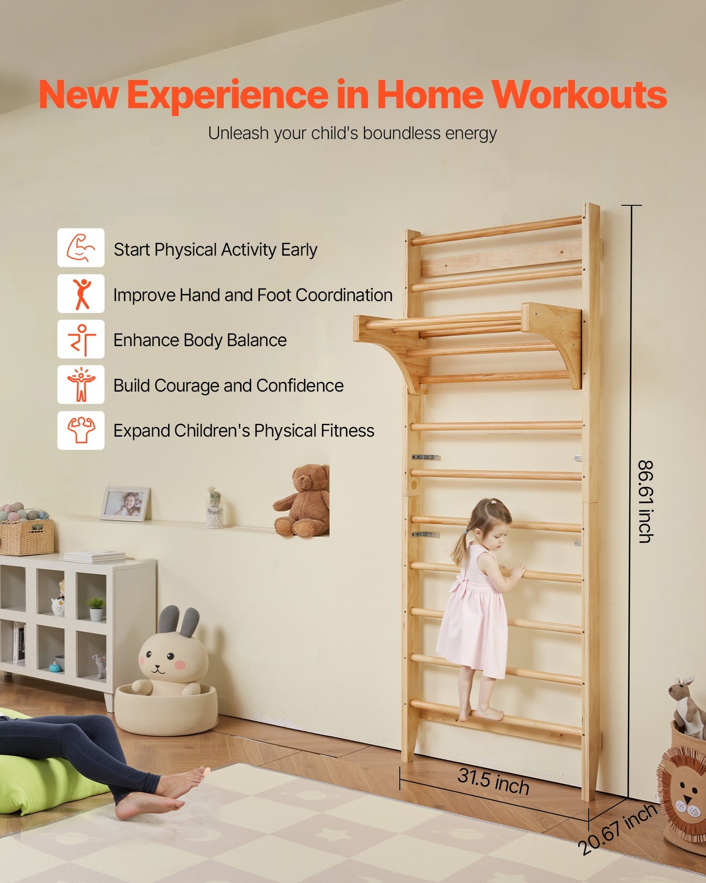 Swedish Ladder Wall Gym, 10-Level Solid Wood Indoor Jungle Gym, 220lbs Loading Indoor Playground Climbing Ladder for Kid Adults, Gymnastic Stall Bars with Pull-Up Bar - Ideal Gift for Boys Girls