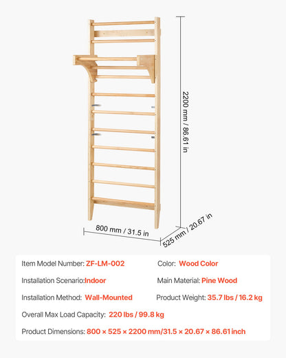 Swedish Ladder Wall Gym, 10-Level Solid Wood Indoor Jungle Gym, 220lbs Loading Indoor Playground Climbing Ladder for Kid Adults, Gymnastic Stall Bars with Pull-Up Bar - Ideal Gift for Boys Girls