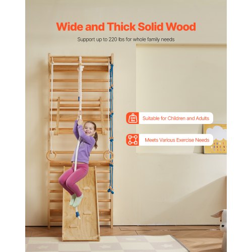 Svenskt Stege Vägggym, 8-i-1 15 nivåer massivt trä inomhus klättergym, 220lbs väggbåsstänger klätterlekset med väggstege, glidbräda, pull-up-stång, gymringar, gungstol, repstege |  EU