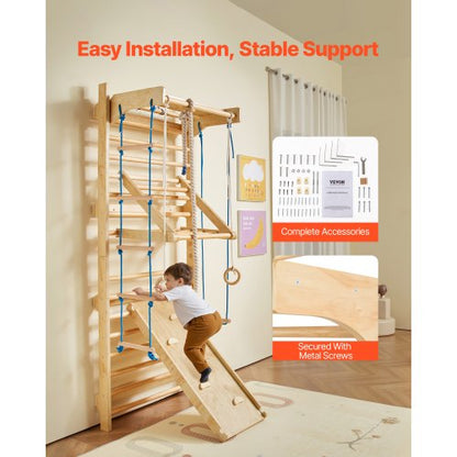 Svenskt Stege Vägggym, 8-i-1 15 nivåer massivt trä inomhus klättergym, 220lbs väggbåsstänger klätterlekset med väggstege, glidbräda, pull-up-stång, gymringar, gungstol, repstege |  EU