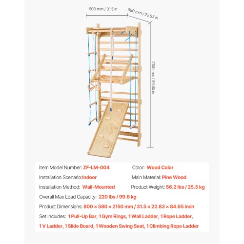 Svenskt Stege Vägggym, 8-i-1 15 nivåer massivt trä inomhus klättergym, 220lbs väggbåsstänger klätterlekset med väggstege, glidbräda, pull-up-stång, gymringar, gungstol, repstege |  EU