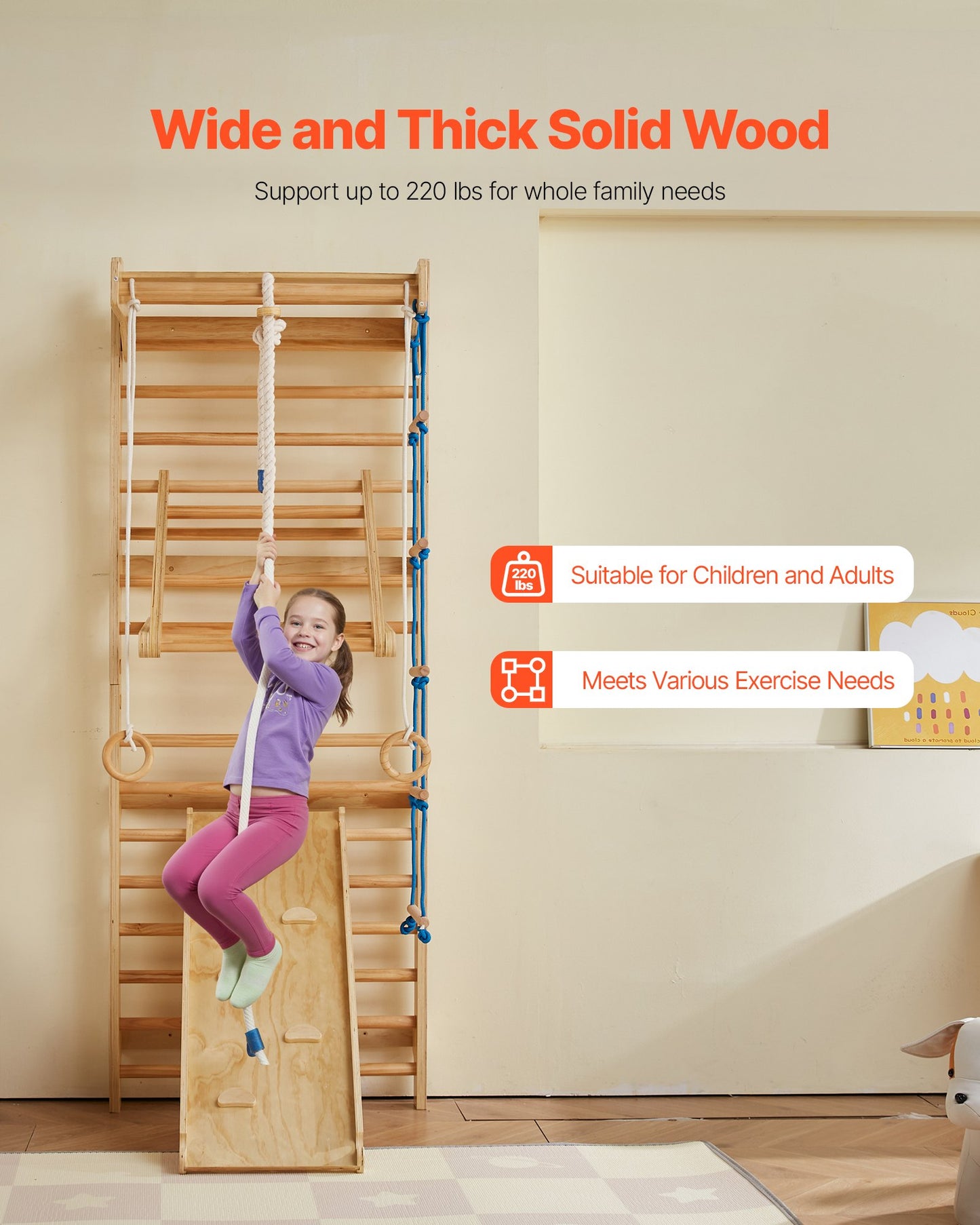 Swedish Ladder Wall Gym, 8-in-1 15 Levels Solid Wood Wall Stall Bars, 220LBS Indoor Jungle Gym Climbing Playset with Wall Ladder, Slide Board, Pull-Up Bar, Gym Rings, Swing Seat, Rope Ladder