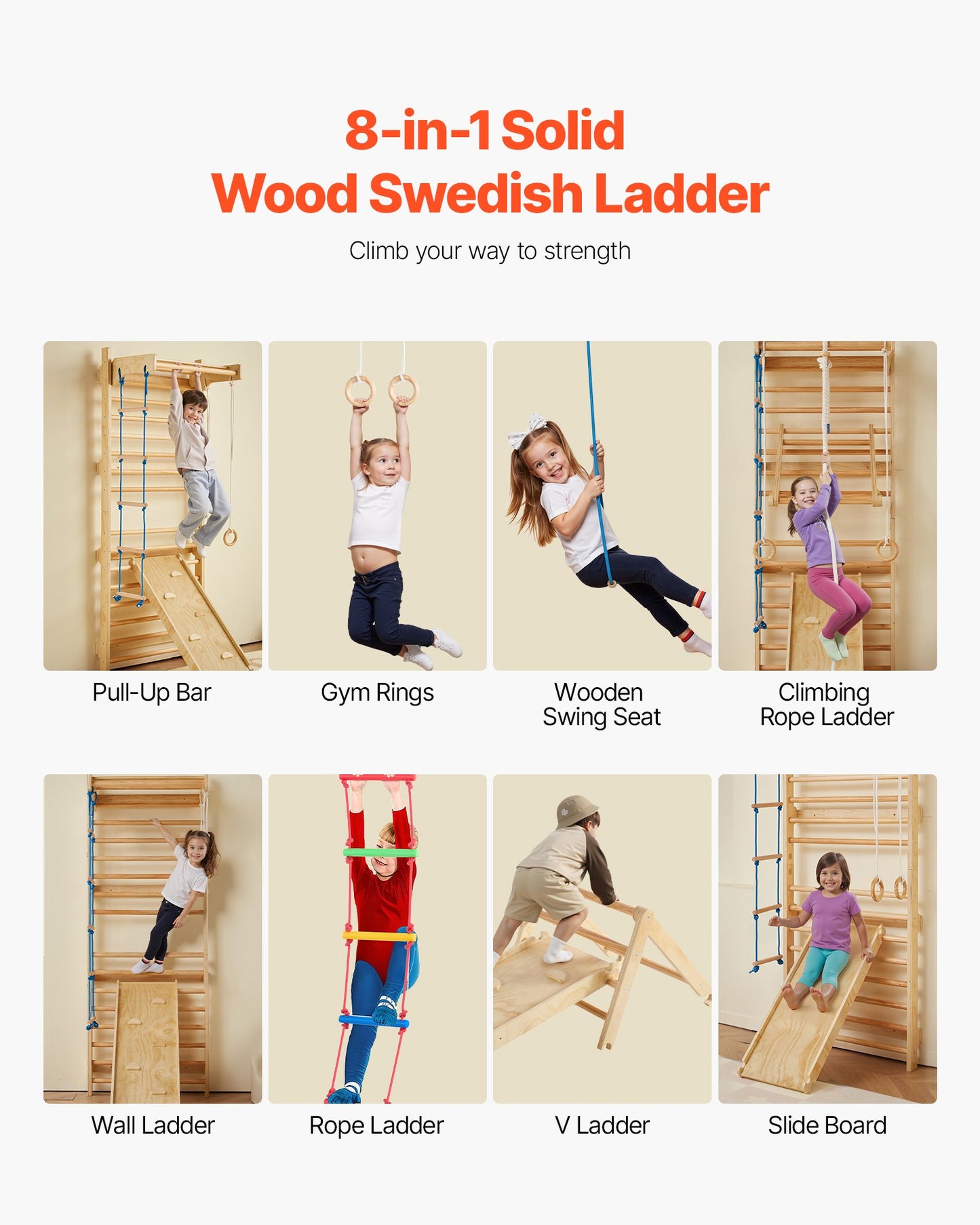 Swedish Ladder Wall Gym, 8-in-1 15 Levels Solid Wood Wall Stall Bars, 220LBS Indoor Jungle Gym Climbing Playset with Wall Ladder, Slide Board, Pull-Up Bar, Gym Rings, Swing Seat, Rope Ladder