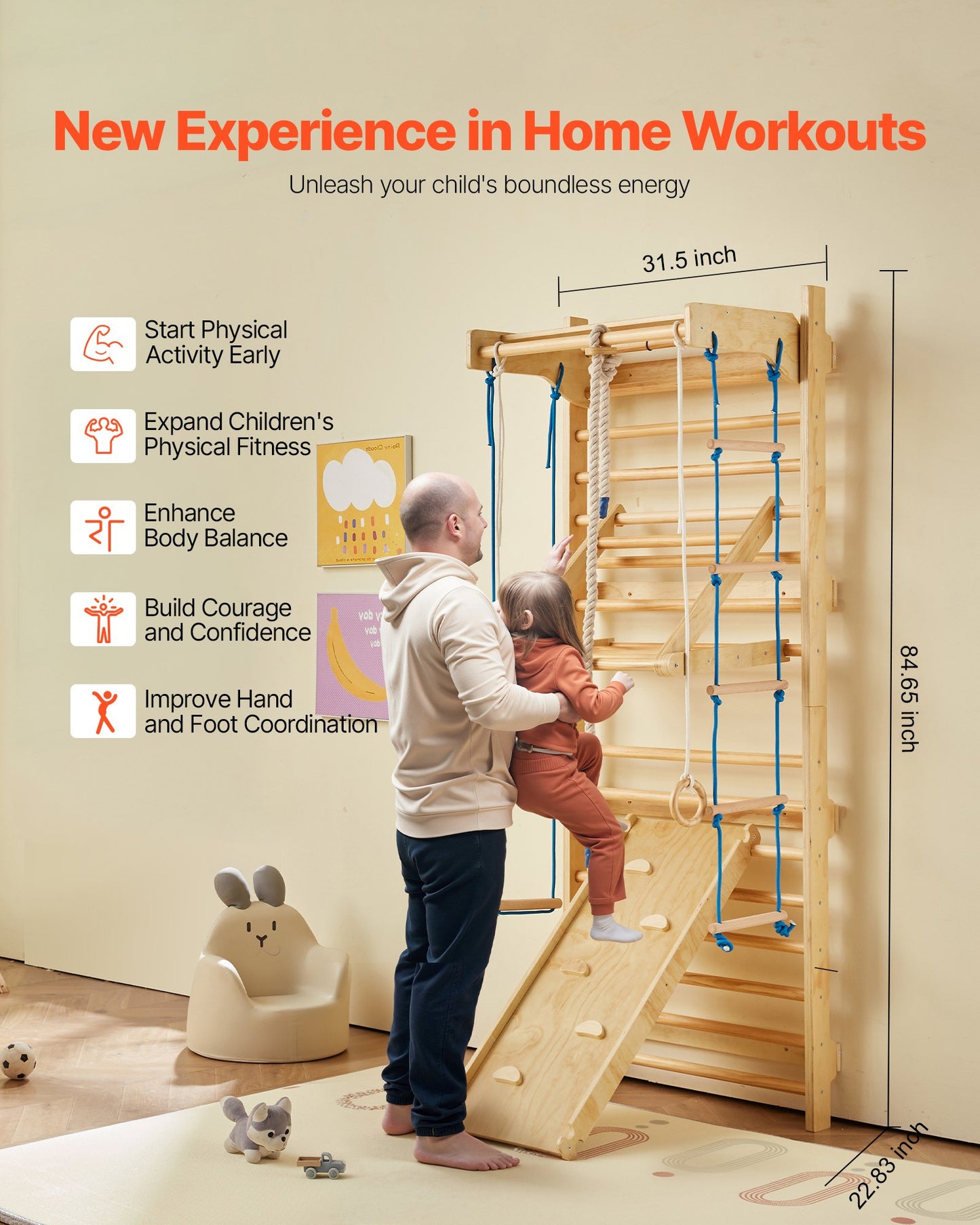 Swedish Ladder Wall Gym, 8-in-1 15 Levels Solid Wood Wall Stall Bars, 220LBS Indoor Jungle Gym Climbing Playset with Wall Ladder, Slide Board, Pull-Up Bar, Gym Rings, Swing Seat, Rope Ladder