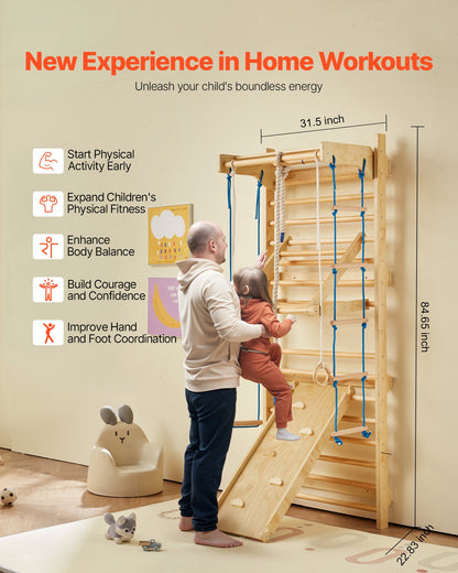 Swedish Ladder Wall Gym, 8-in-1 15 Levels Solid Wood Wall Stall Bars, 220LBS Indoor Jungle Gym Climbing Playset with Wall Ladder, Slide Board, Pull-Up Bar, Gym Rings, Swing Seat, Rope Ladder