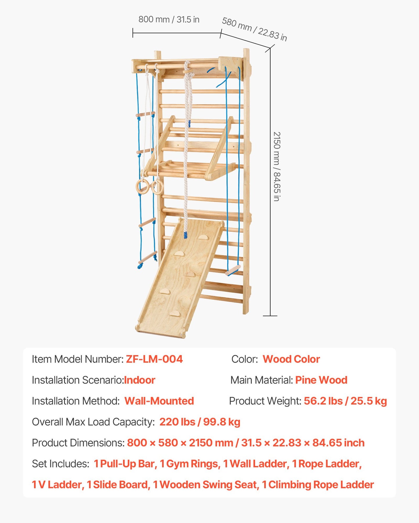 Swedish Ladder Wall Gym, 8-in-1 15 Levels Solid Wood Wall Stall Bars, 220LBS Indoor Jungle Gym Climbing Playset with Wall Ladder, Slide Board, Pull-Up Bar, Gym Rings, Swing Seat, Rope Ladder