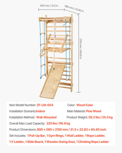 Swedish Ladder Wall Gym, 8-in-1 15 Levels Solid Wood Wall Stall Bars, 220LBS Indoor Jungle Gym Climbing Playset with Wall Ladder, Slide Board, Pull-Up Bar, Gym Rings, Swing Seat, Rope Ladder