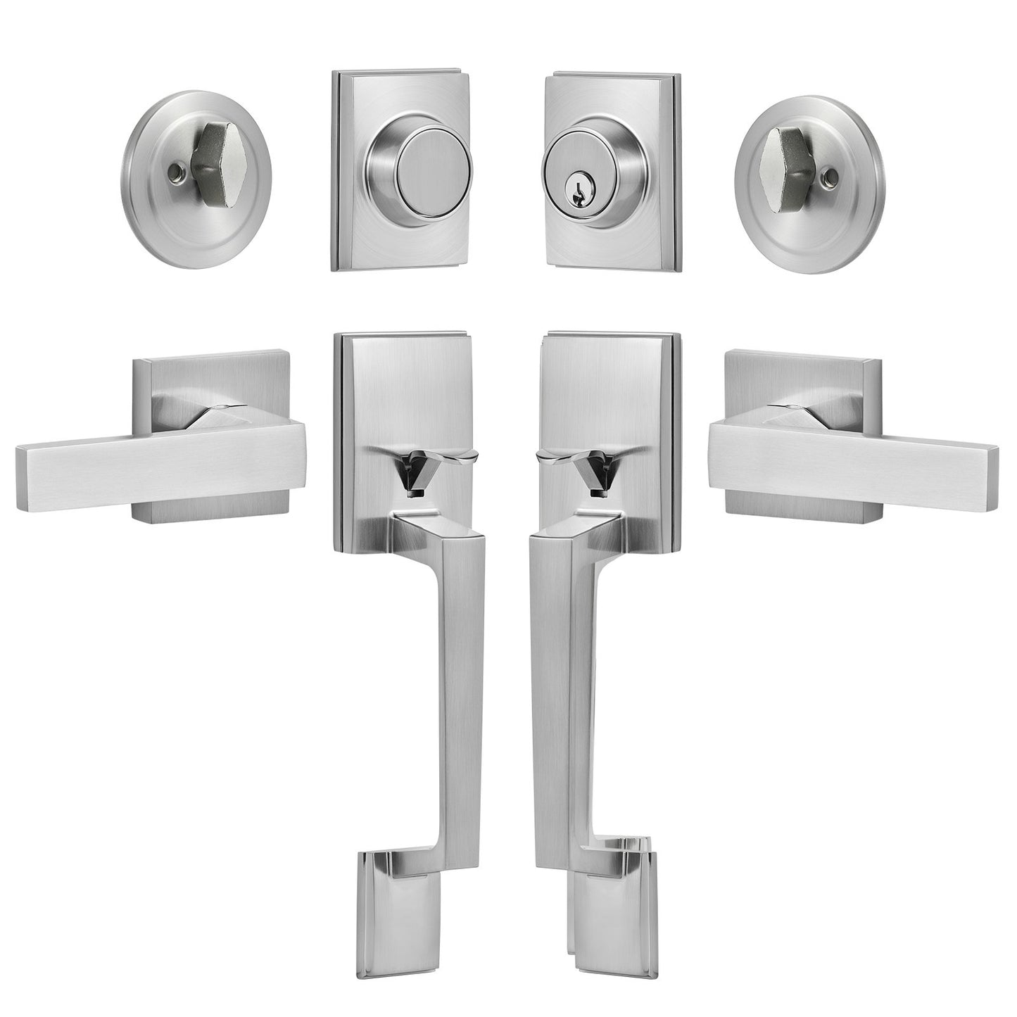 Double Door Handle Set, Double Door Lock Set with Reversible Handle Lever, Satin Nickel Square Door Lever, Heavy Duty Double Front Door Handle Set with Dummy, for Front Door or Office Door