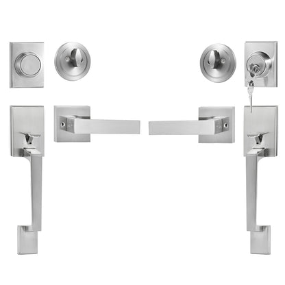 Double Door Handle Set, Double Door Lock Set with Reversible Handle Lever, Satin Nickel Square Door Lever, Heavy Duty Double Front Door Handle Set with Dummy, for Front Door or Office Door
