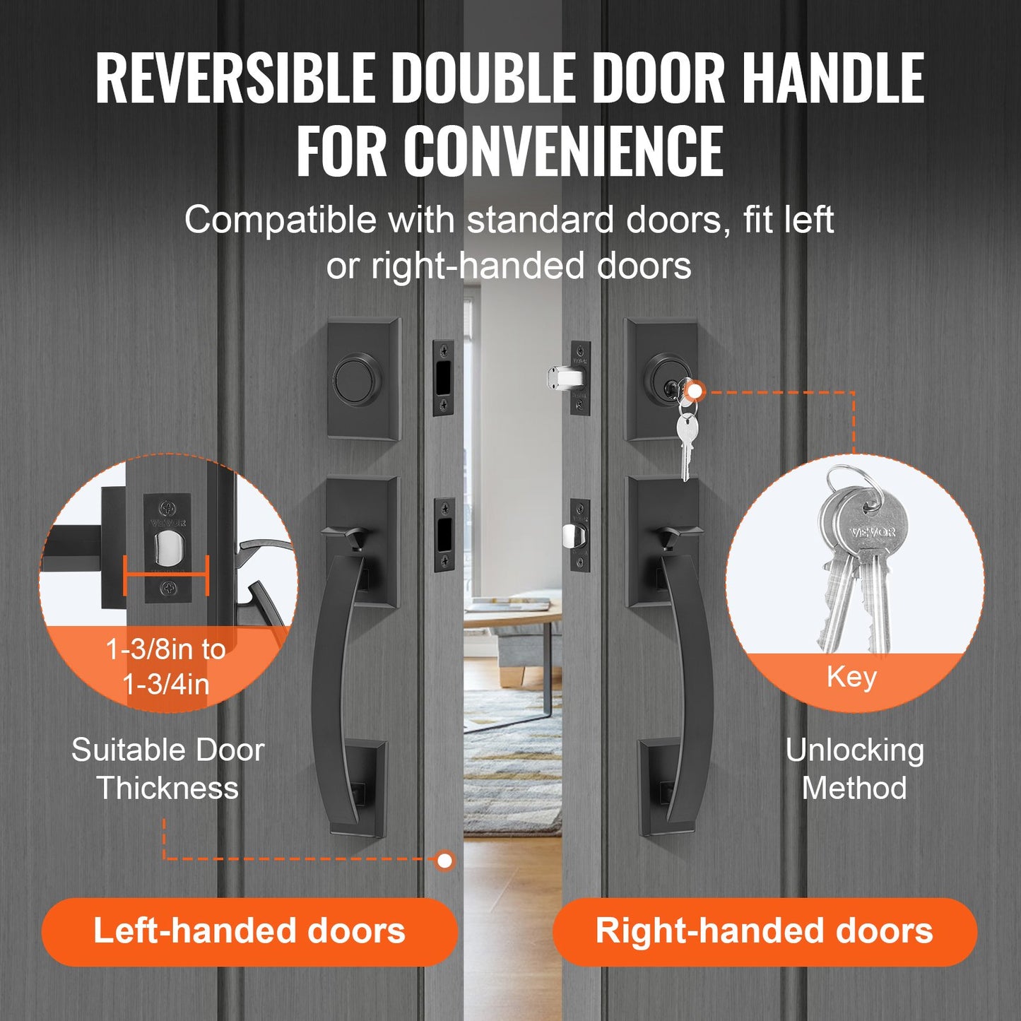 Double Door Handle Set, Matte Black Arched Door Handle, Double Front Door Handle Set with Reversible Handle Lever, Heavy Duty Double Door Lock Set with Dummy, for Office Door or Front Door