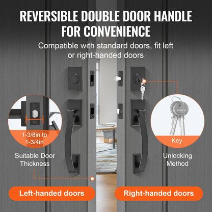 Double Door Handle Set, Matte Black Arched Door Handle, Double Front Door Handle Set with Reversible Handle Lever, Heavy Duty Double Door Lock Set with Dummy, for Office Door or Front Door