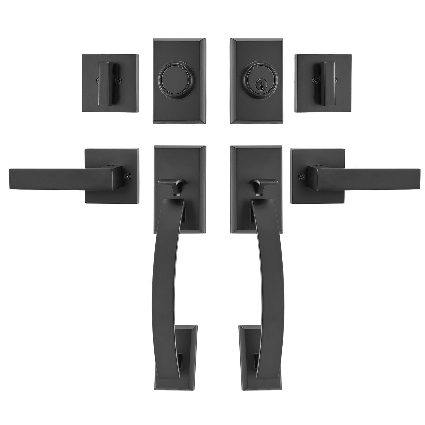 Double Door Handle Set, Matte Black Arched Door Handle, Double Front Door Handle Set with Reversible Handle Lever, Heavy Duty Double Door Lock Set with Dummy, for Office Door or Front Door