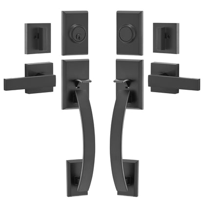 Double Door Handle Set, Matte Black Arched Door Handle, Double Front Door Handle Set with Reversible Handle Lever, Heavy Duty Double Door Lock Set with Dummy, for Office Door or Front Door