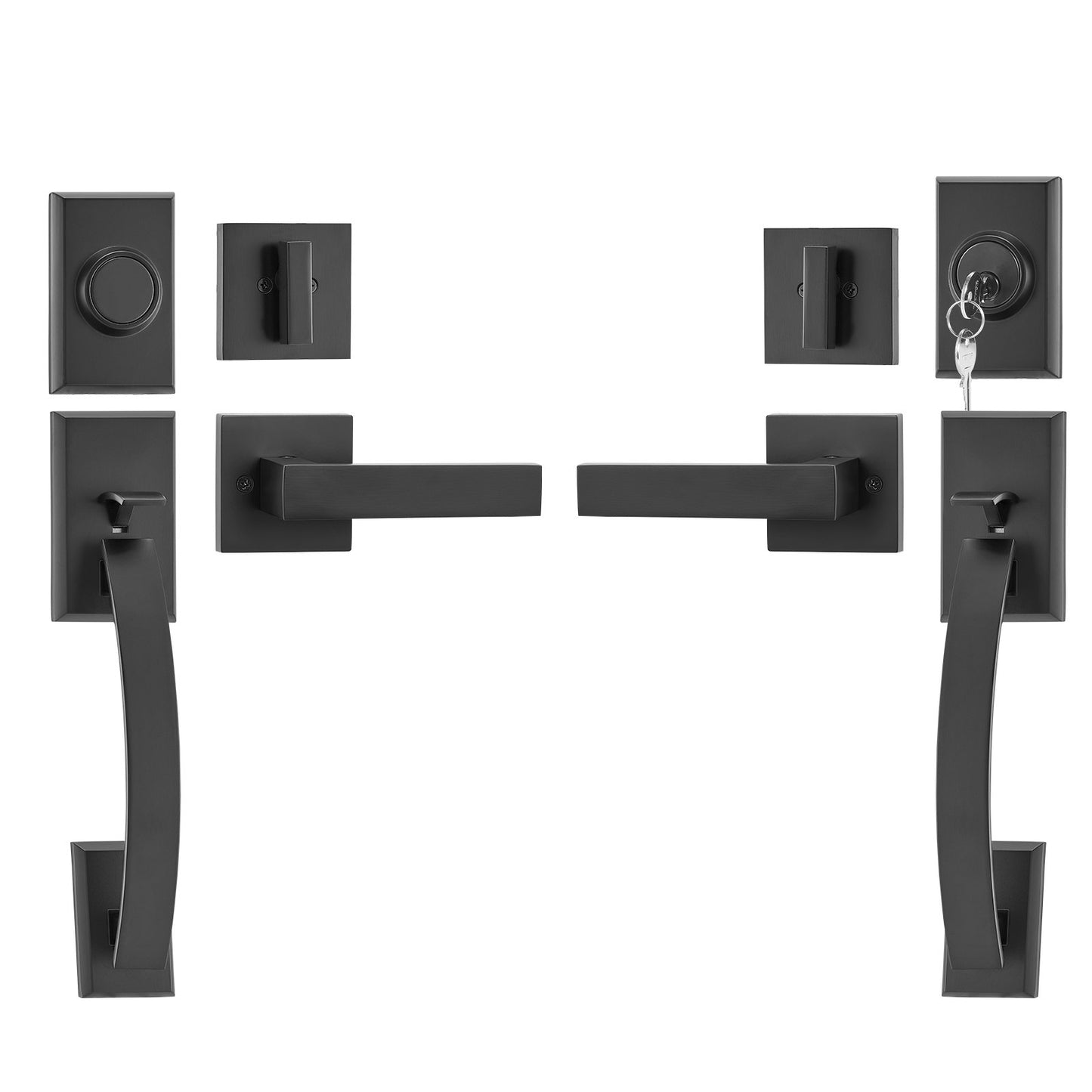 Double Door Handle Set, Matte Black Arched Door Handle, Double Front Door Handle Set with Reversible Handle Lever, Heavy Duty Double Door Lock Set with Dummy, for Office Door or Front Door