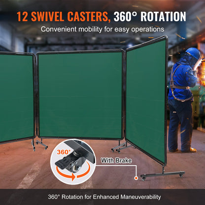 Welding Screen with Frame, 6' x 6' 3 Panel Welding Curtain Screens, Flame-Resistant Vinyl Welding Protection Screen on 12 Swivel Wheels (6 Lockable), Moveable & Professional for Workshop, Green