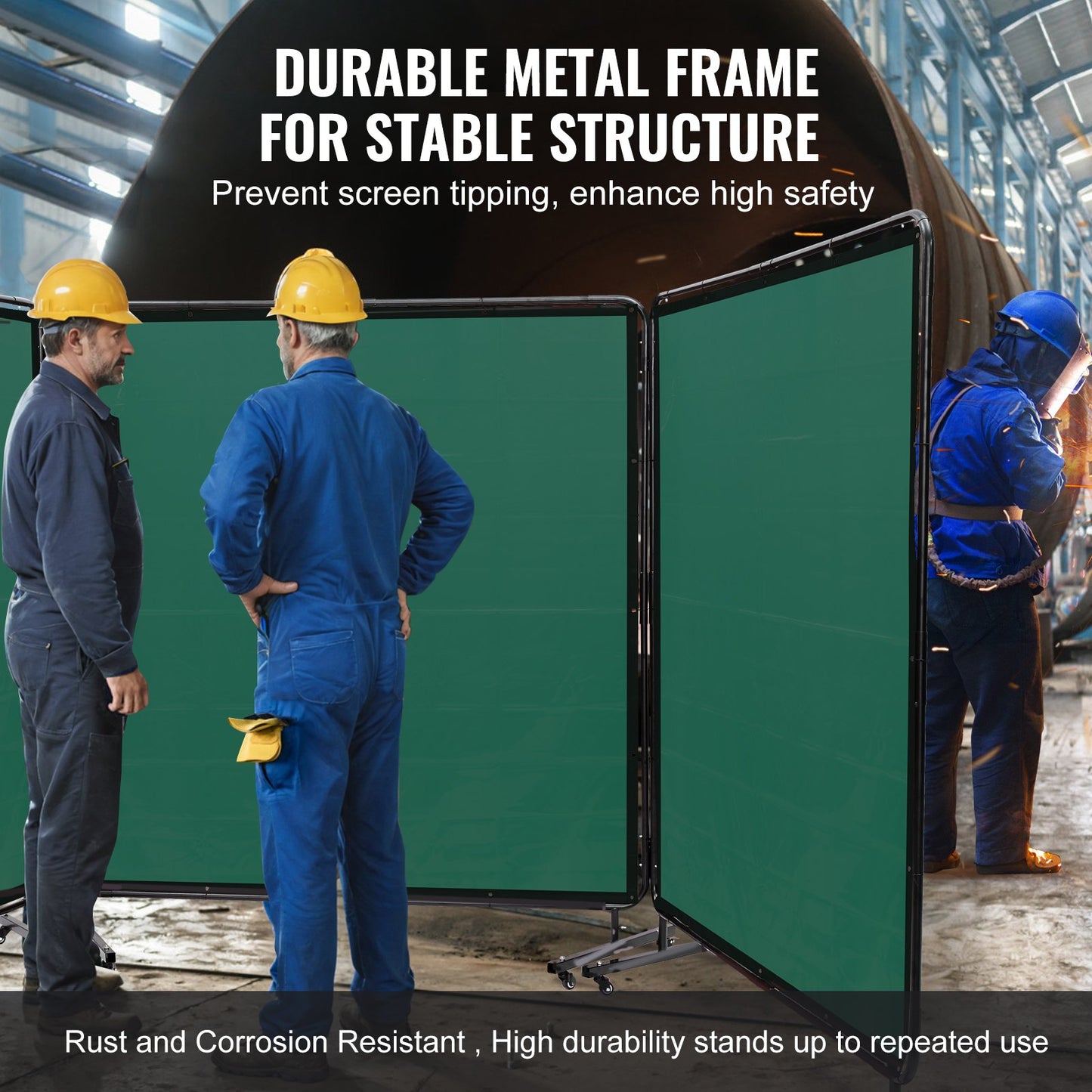 Welding Screen with Frame, 6' x 6' 3 Panel Welding Curtain Screens, Flame-Resistant Vinyl Welding Protection Screen on 12 Swivel Wheels (6 Lockable), Moveable & Professional for Workshop, Green