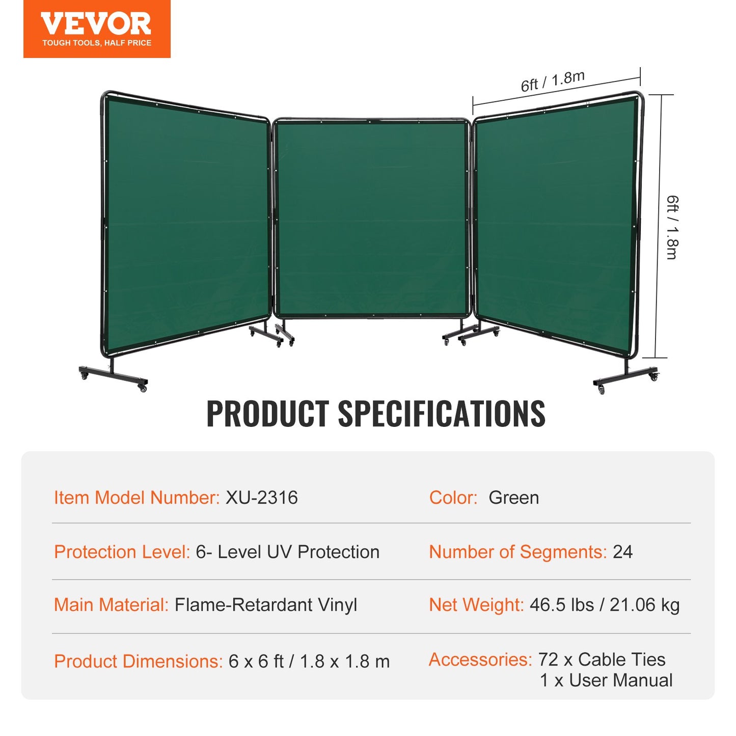 Welding Screen with Frame, 6' x 6' 3 Panel Welding Curtain Screens, Flame-Resistant Vinyl Welding Protection Screen on 12 Swivel Wheels (6 Lockable), Moveable & Professional for Workshop, Green