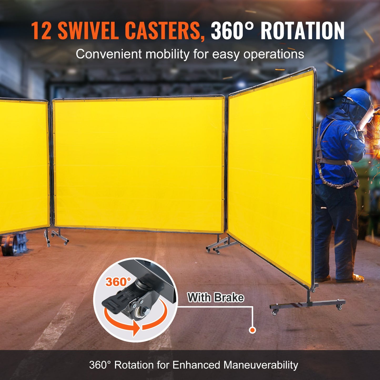 Welding Screen with Frame, 6' x 8' 3 Panel Welding Curtain Screens, Flame-Resistant Vinyl Welding Protection Screen on 12 Swivel Wheels (6 Lockable), Moveable & Professional for Workshop, Yellow