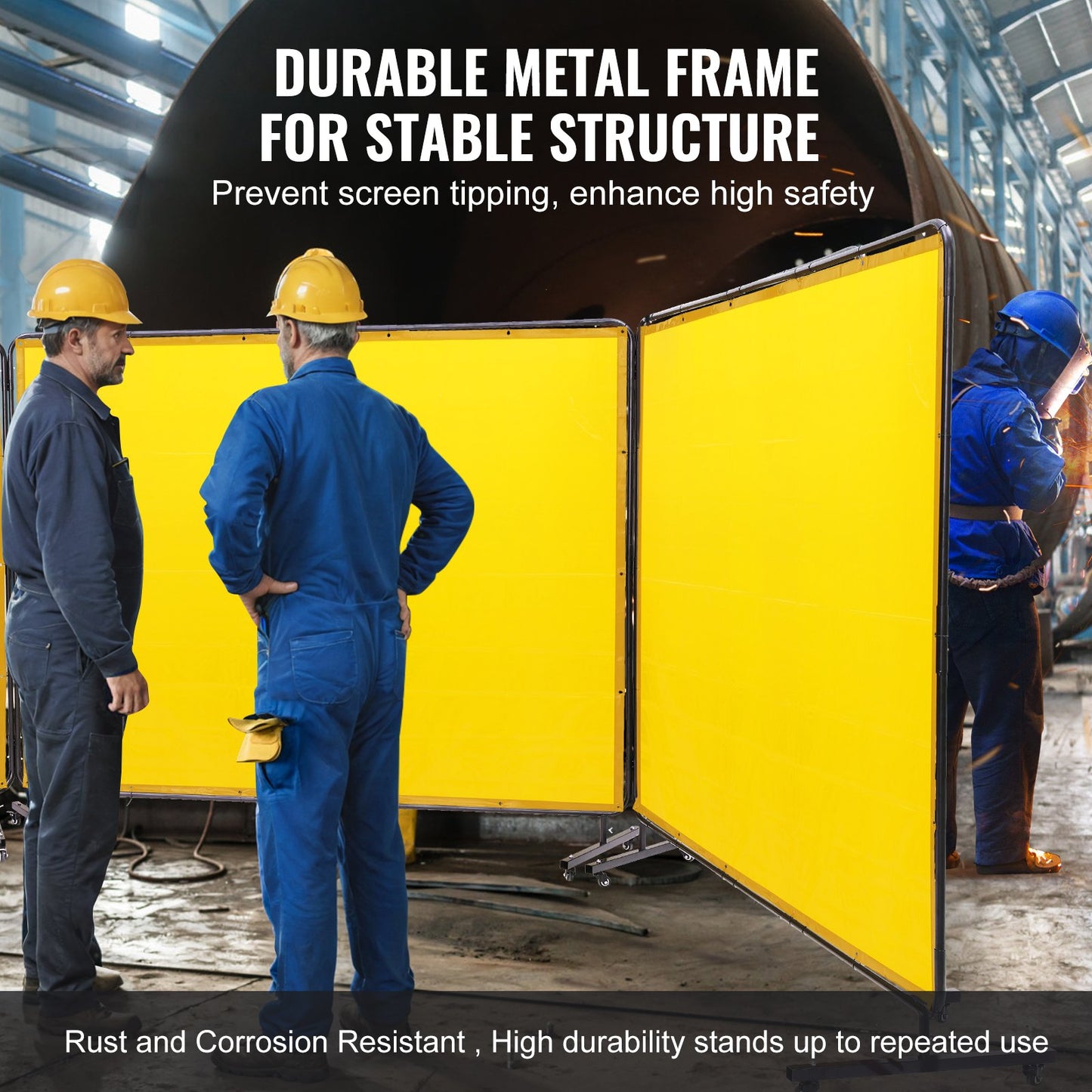 Welding Screen with Frame, 6' x 8' 3 Panel Welding Curtain Screens, Flame-Resistant Vinyl Welding Protection Screen on 12 Swivel Wheels (6 Lockable), Moveable & Professional for Workshop, Yellow