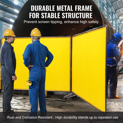 Welding Screen with Frame, 6' x 8' 3 Panel Welding Curtain Screens, Flame-Resistant Vinyl Welding Protection Screen on 12 Swivel Wheels (6 Lockable), Moveable & Professional for Workshop, Yellow