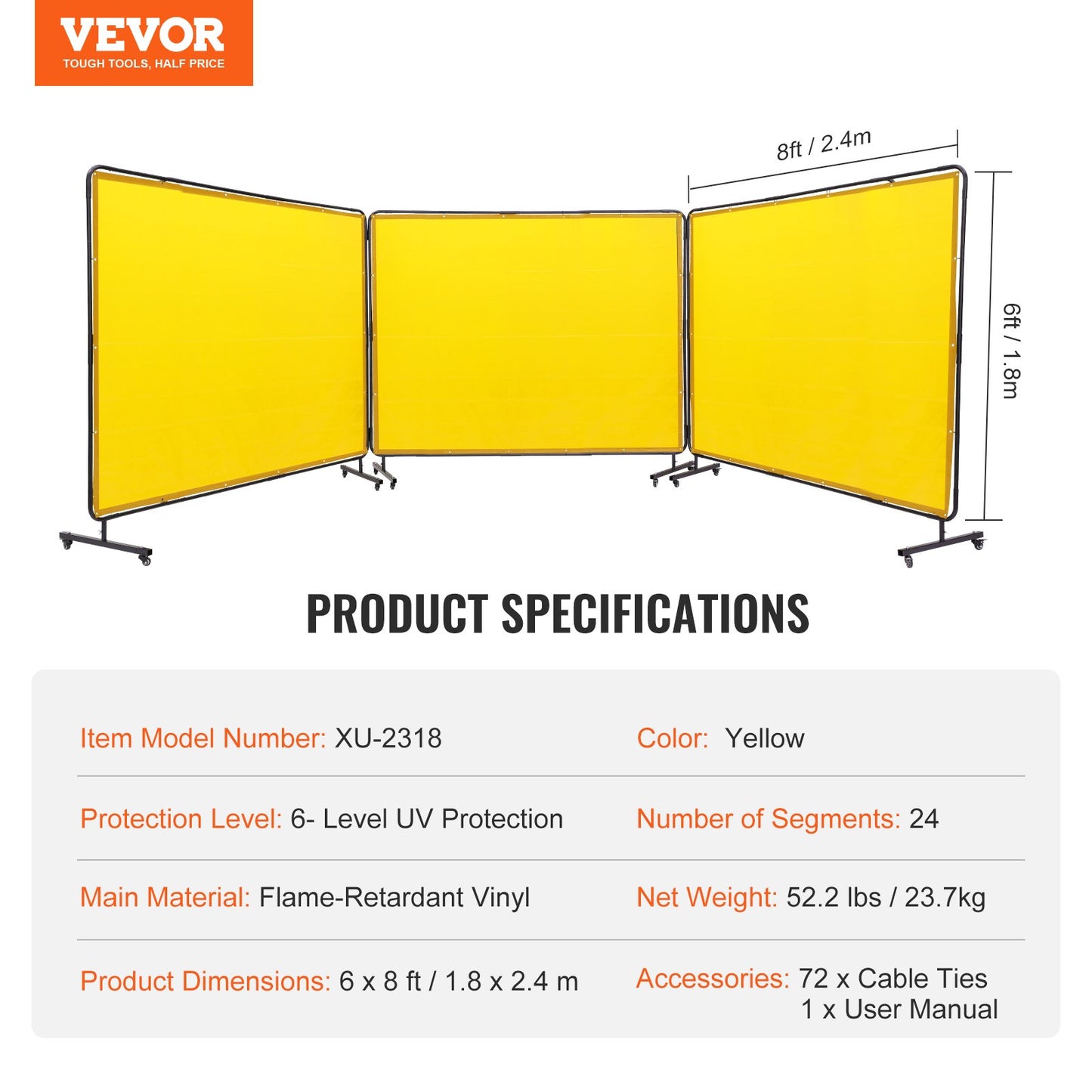 Welding Screen with Frame, 6' x 8' 3 Panel Welding Curtain Screens, Flame-Resistant Vinyl Welding Protection Screen on 12 Swivel Wheels (6 Lockable), Moveable & Professional for Workshop, Yellow