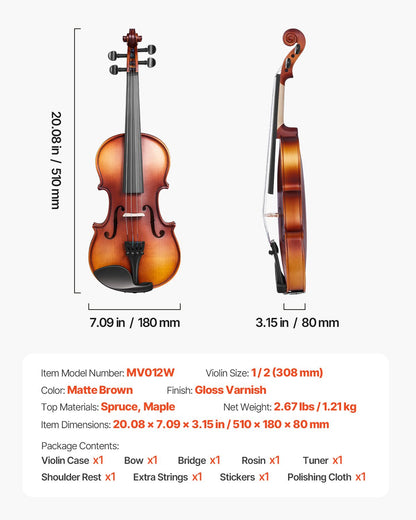 Violin 1/2 Size for Adults, Violin Fiddle Set for Beginners Student with Hard Case, Rosin, Bow, Shoulder Rest,Bridge,Tuner and Extra Strings,Solidwood Professional Musical Instruments (Brown)