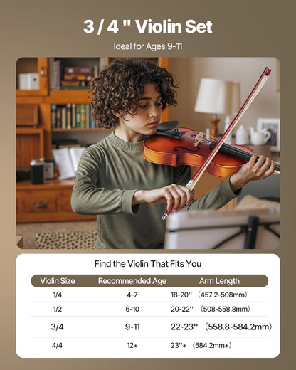 Violin 3/4 Size for Adults, Violin Fiddle Set for Beginners Student with Hard Case, Rosin, Bow, Shoulder Rest,Bridge,Tuner and Extra Strings,Solidwood Professional Musical Instruments (Brown)