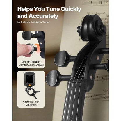 Fiol 355 mm Fiolset Massivt trä för nybörjare med fodral Rosin Svart