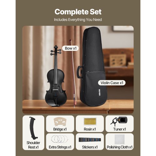 Fiol 355 mm Fiolset Massivt trä för nybörjare med fodral Rosin Svart