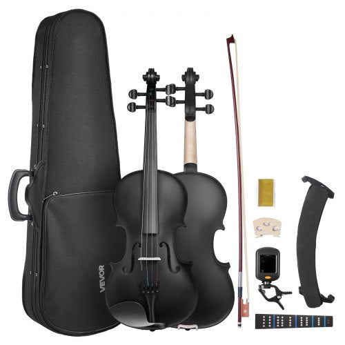 Violin 4/4 Full Size for Adults, Violin Fiddle Set for Beginners Student with Hard Case, Rosin, Bow, Shoulder Rest, Bridge, Tuner and Extra Strings, Professional Solidwood Instruments (Black)