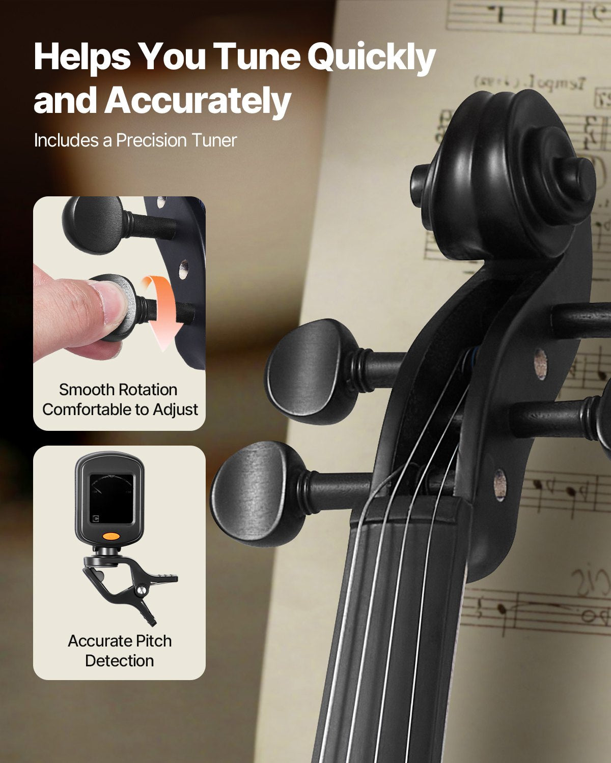 Violin 4/4 Full Size for Adults, Violin Fiddle Set for Beginners Student with Hard Case, Rosin, Bow, Shoulder Rest, Bridge, Tuner and Extra Strings, Professional Solidwood Instruments (Black)